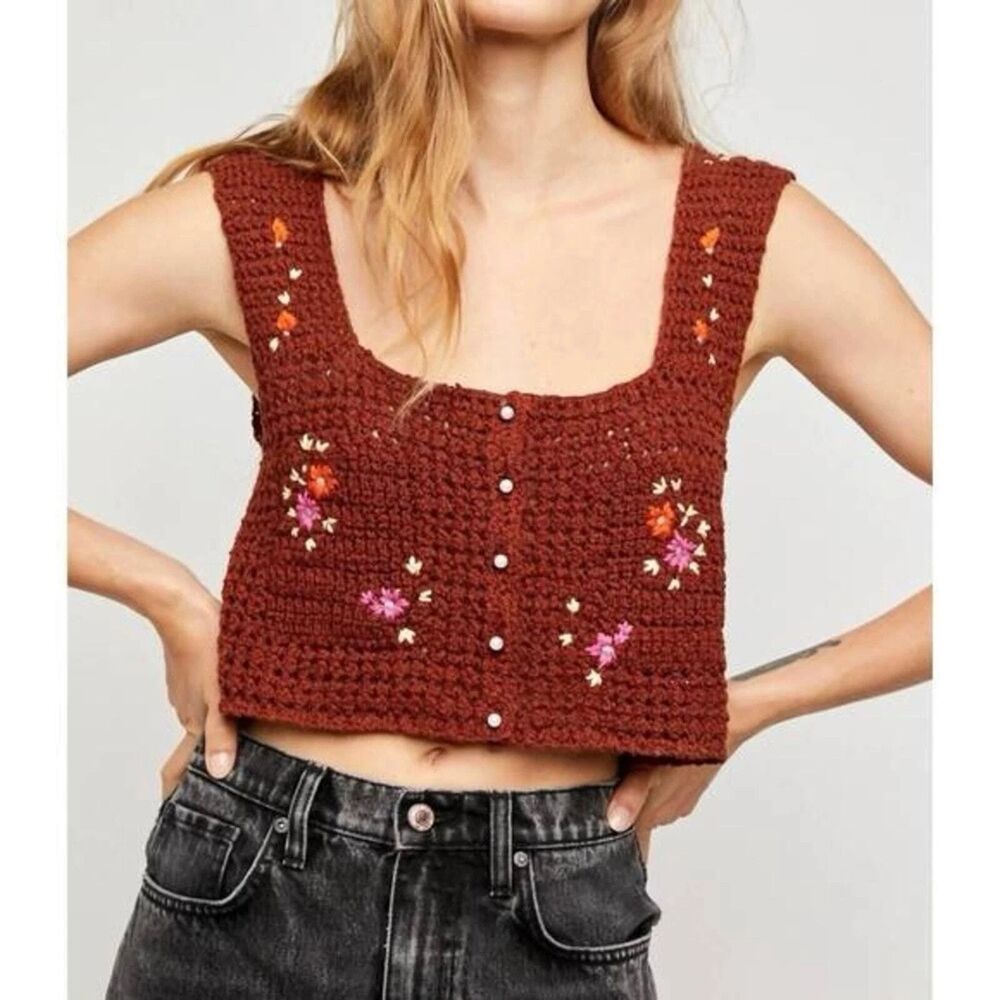 Free People Wild Flowers Knit Crop Cardigan Henna Embroidered Floral M NWT